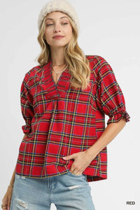 Festive Plaid V-Neck Blouse