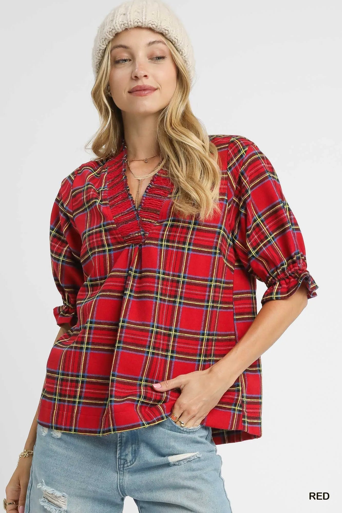 Festive Plaid V-Neck Blouse