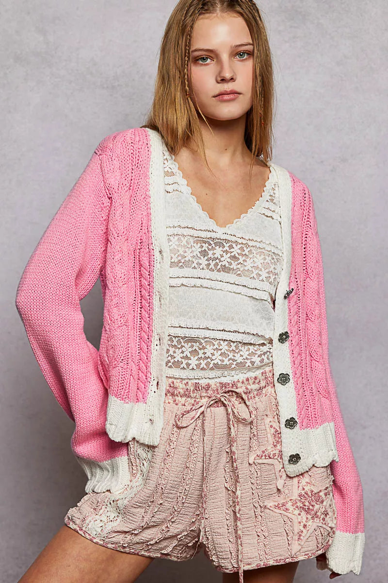 Pink Button Down Cable-Knit Cardigan-POL-Reef Love