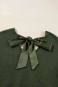Bow Back Lantern Sleeve V-Neck Sweater-Reef Love