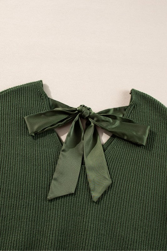 Bow Back Lantern Sleeve V-Neck Sweater-Reef Love