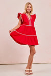 Gameday Ruffle Tier Mini Dress-Get gameday ready in this red tiered dress with contrast binding and ruffled details. A sporty-chic cotton favorite with playful details ready for football. -Reef Love Boutique