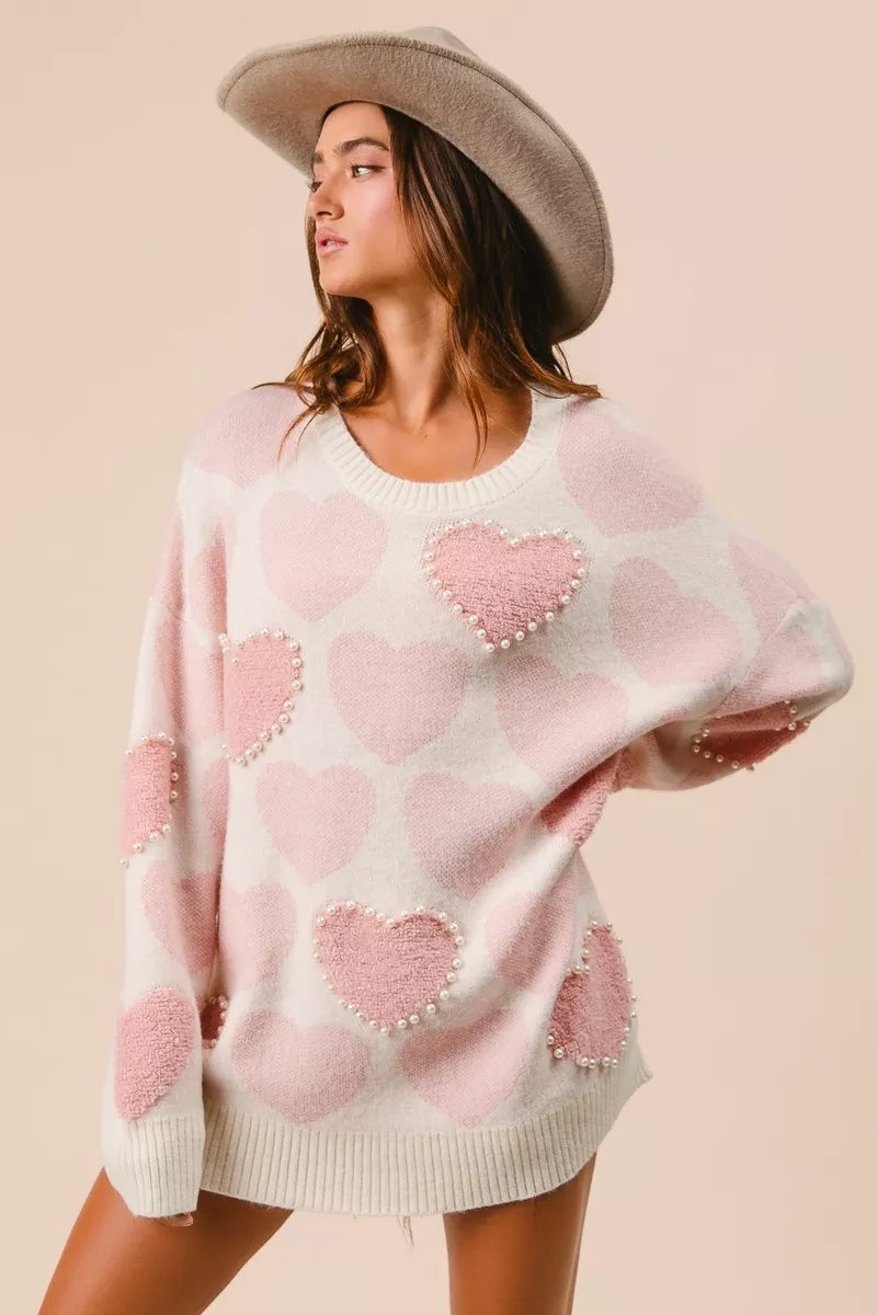 Heart Pattern Sweater with Pearl Detail-BiBi-Reef Love