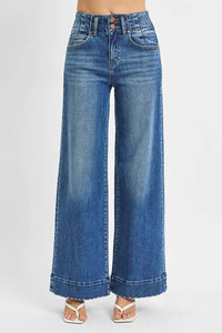 Woman wearing High Rise Wide Ankle Seam Detailed Jeans-Flattering high-rise ankle jeans with bold wide seams & raw hems. Available in standard & plus sizes. Slight stretch for comfort and everyday style.