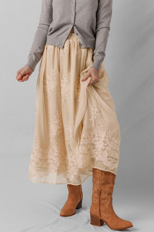 Embroidered Mesh Overlay Midi Skirt-Reef Love