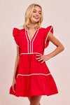 Gameday Ruffle Tier Mini Dress-Get gameday ready in this red tiered dress with contrast binding and ruffled details. A sporty-chic cotton favorite with playful details ready for football. -Reef Love Boutique