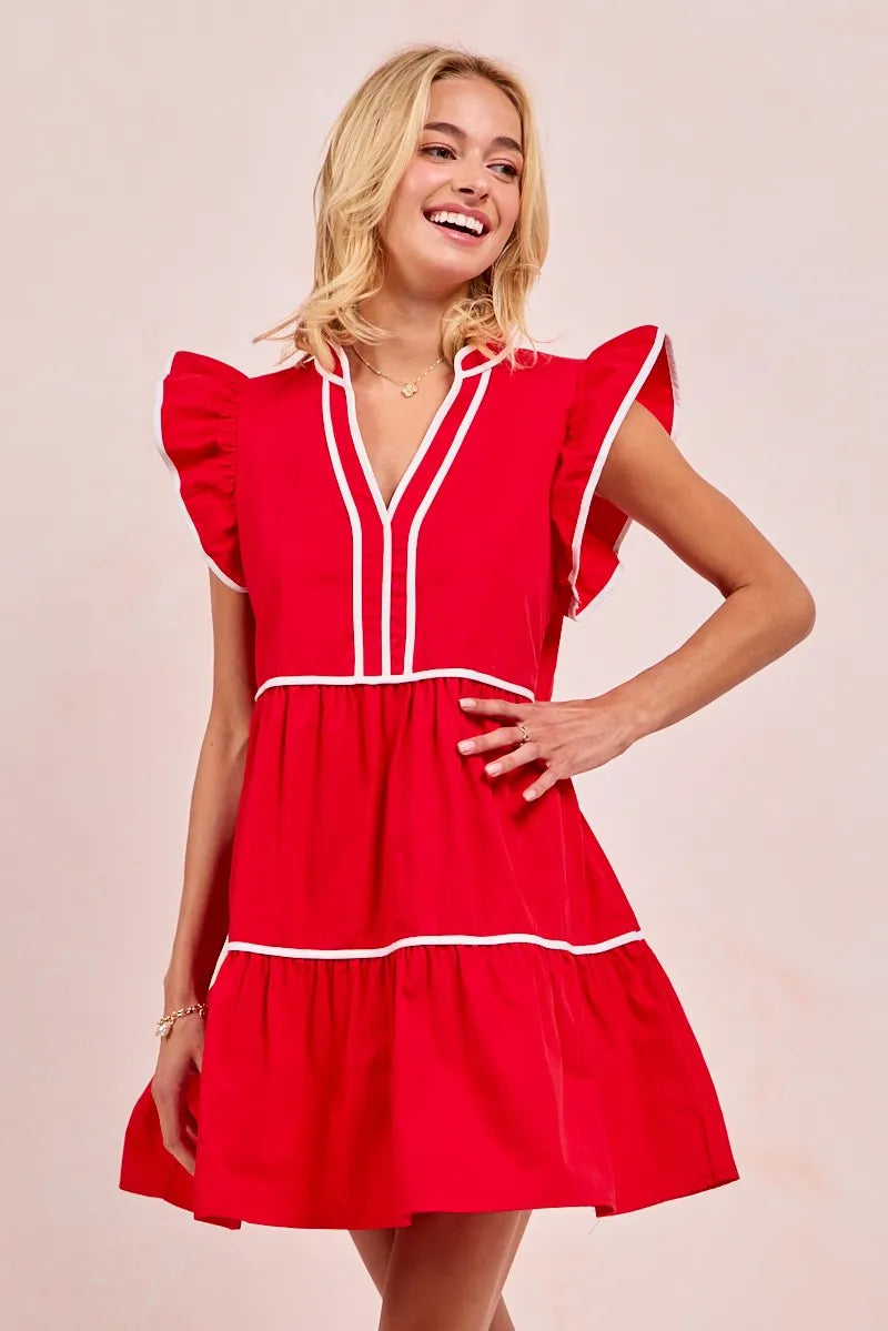 Gameday Ruffle Tier Mini Dress-Get gameday ready in this red tiered dress with contrast binding and ruffled details. A sporty-chic cotton favorite with playful details ready for football. -Reef Love Boutique