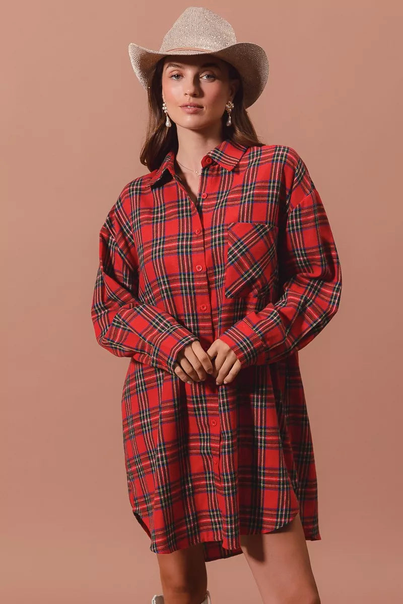 Christmas Checker Plaid Button Up Mini Shirt Dress