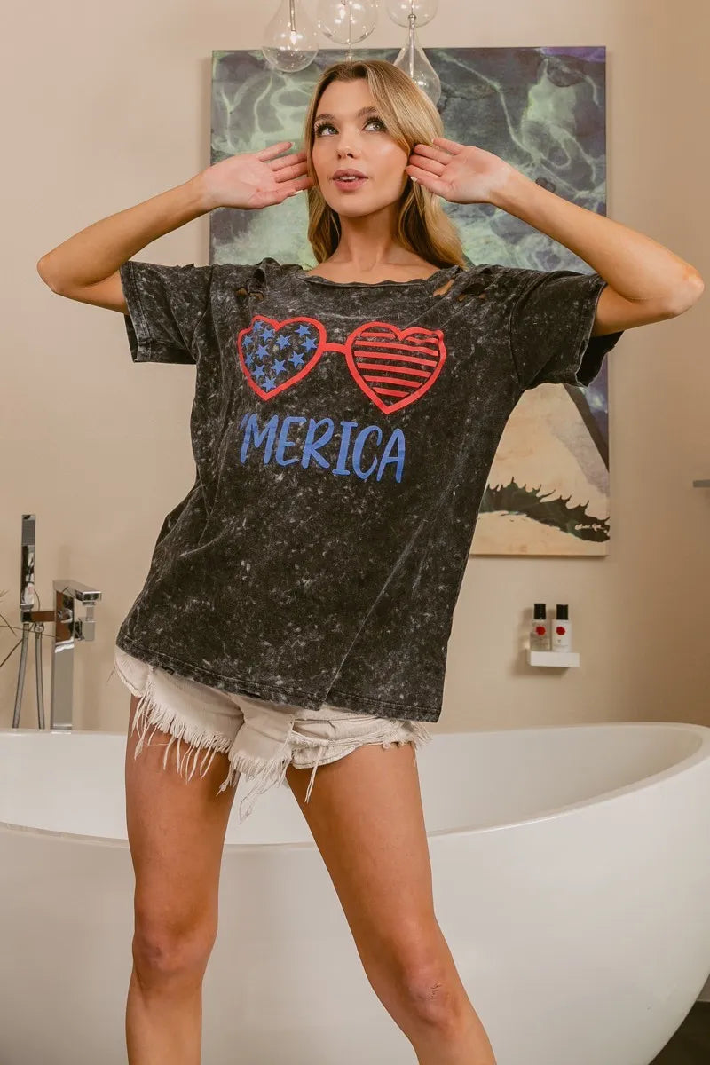 BiBi 4th Of July Theme Mineral Washed Laser Cut Top-T-Shirt-Reef Love