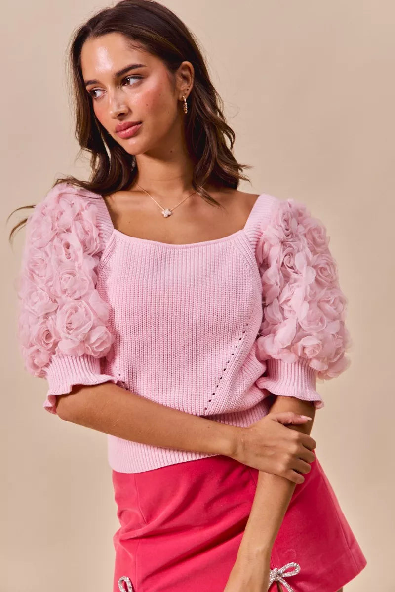 Rosette Sleeves Square Neck Knit Sweater-So Me-Reef Love