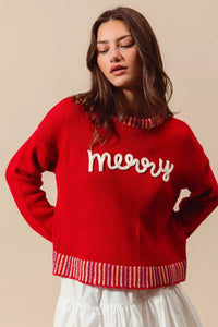 Merry Embroidered Christmas Sweater-Reef Love