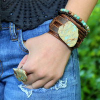 Aqua Terra Slab on Dusty Leather Cuff Bracelet-The Jewelry Junkie-Reef Love
