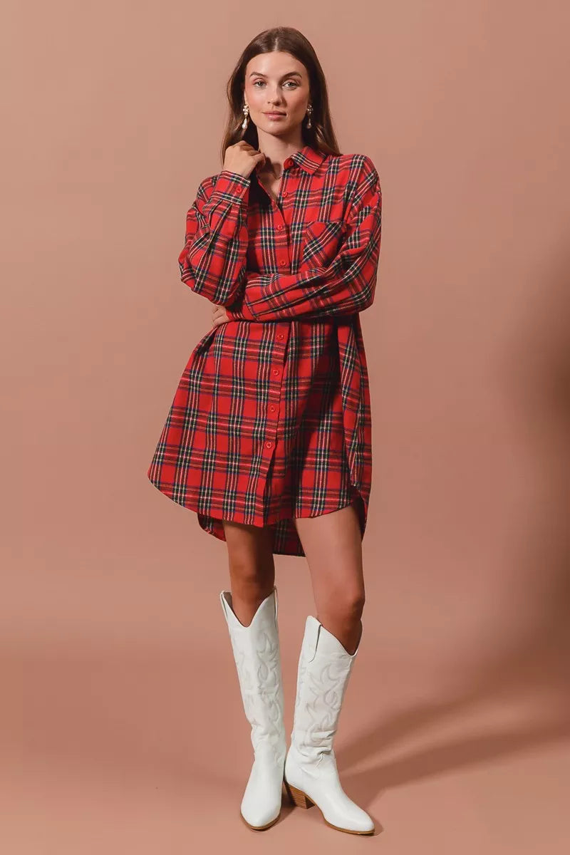 Christmas Checker Plaid Button Up Mini Shirt Dress