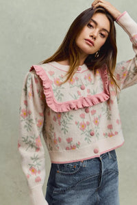 Flower With Ruffle Detailing Sweater Cardigan-So Me-Reef Love