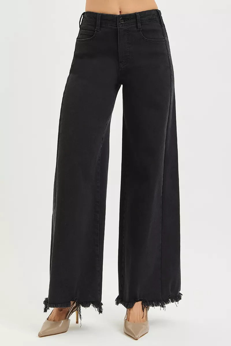 RISEN Tummy Control High Rise Palazzo Wide Leg Frayed Hem Jeans, Black-RISEN-Reef Love