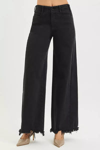 RISEN Tummy Control High Rise Palazzo Wide Leg Frayed Hem Jeans, Black-RISEN-Reef Love