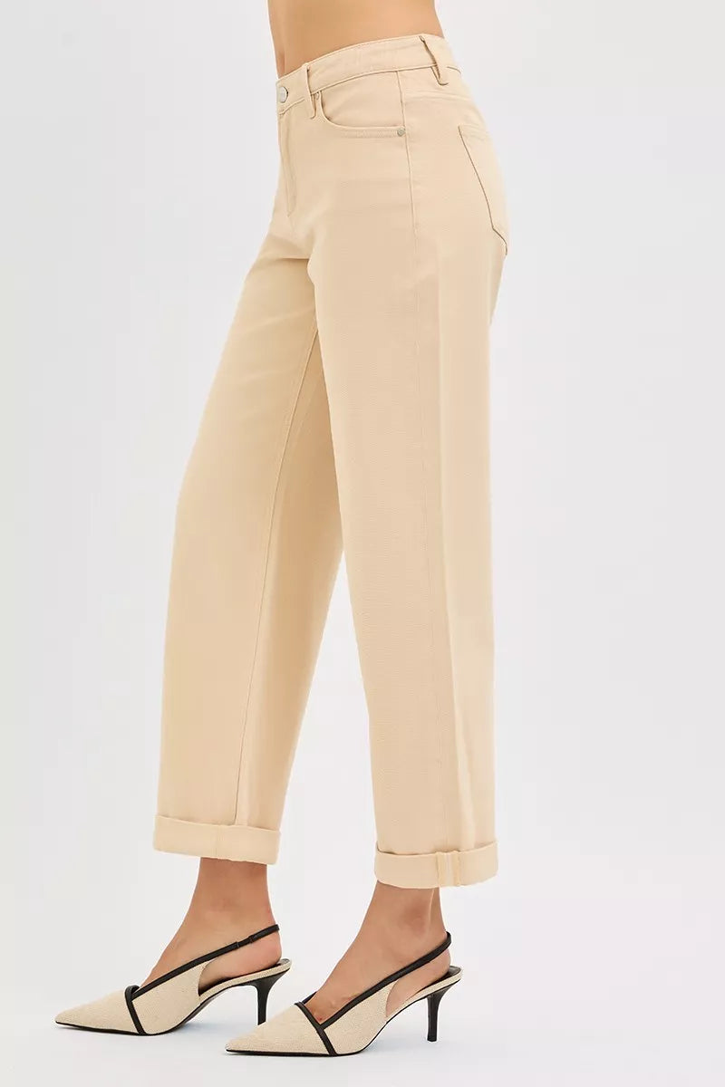 RISEN Tummy Control Ankle Relaxed Wide Leg Jeans, Buttermilk Beige-RISEN-Reef Love