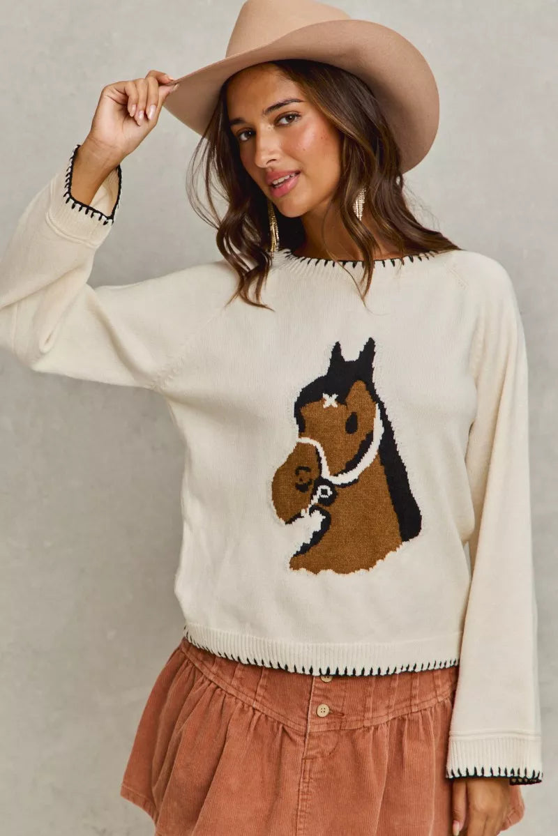 Horse Knit Sweater Top with Blanket Stitch-Sweater-Reef Love