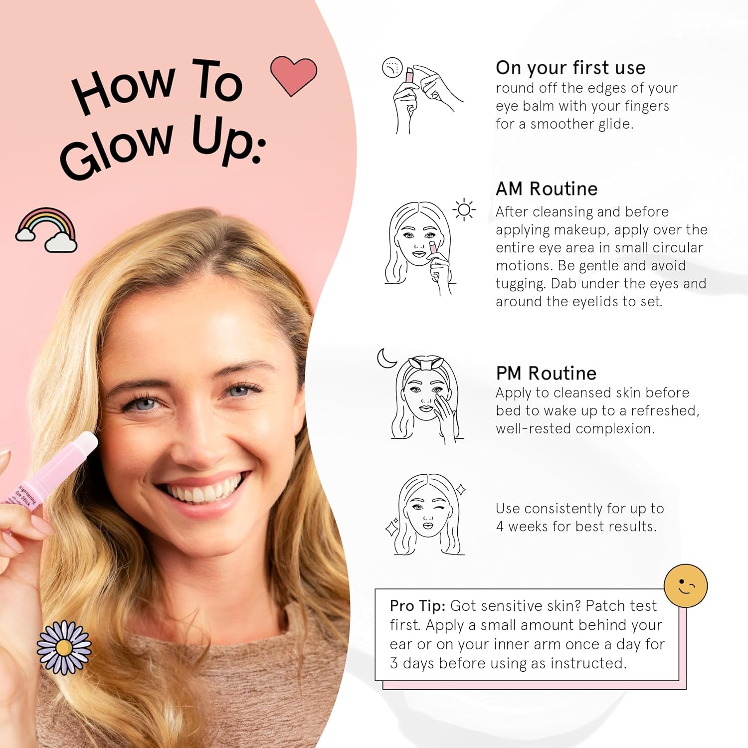 Woman wearing Grace & Stella Caffeine Under Eye Brightener Balm Stick-De-puff + brighten tired eyes with this caffeine-infused under eye balm stick. Hydrating, vegan, compact—your skincare essential on the go.