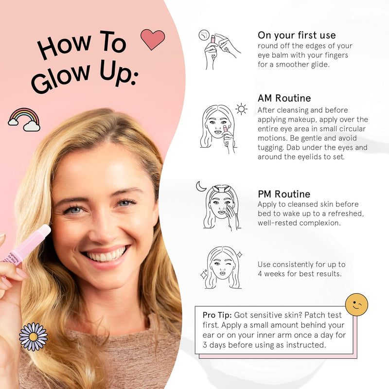 Woman wearing Grace & Stella Caffeine Under Eye Brightener Balm Stick-De-puff + brighten tired eyes with this caffeine-infused under eye balm stick. Hydrating, vegan, compact—your skincare essential on the go.