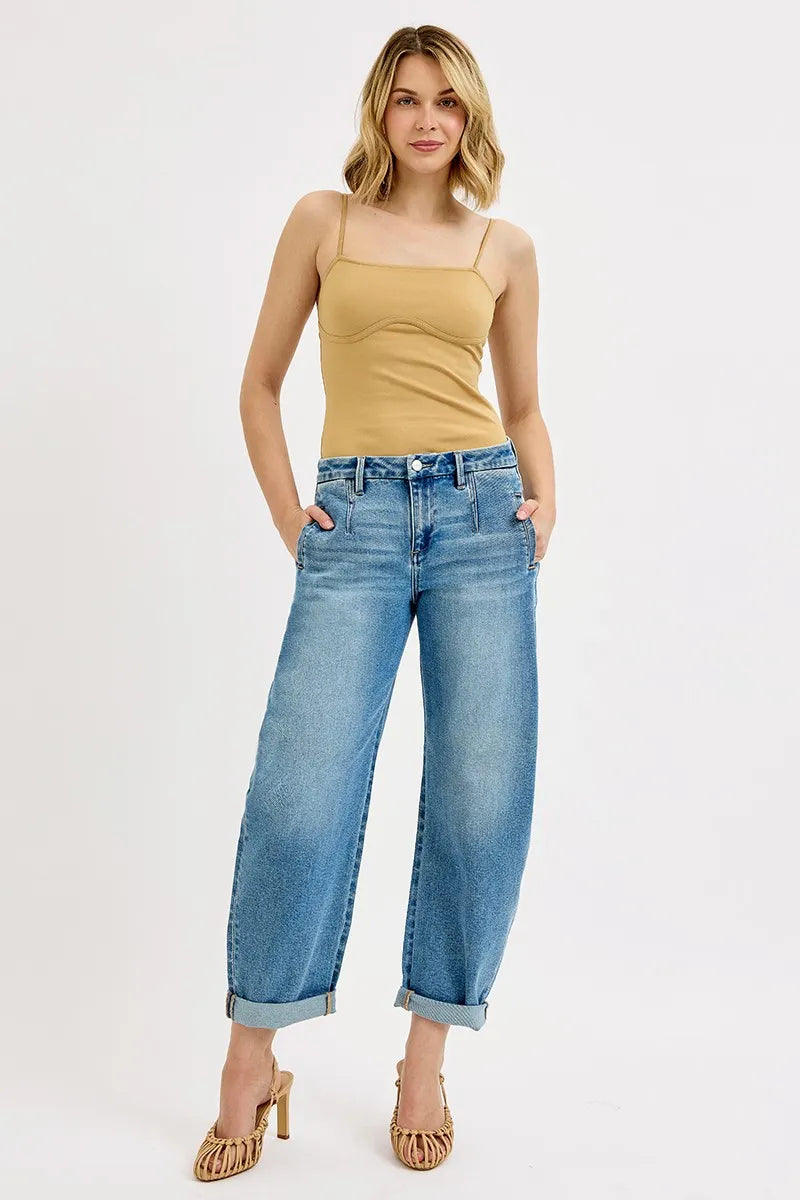 Shop Mid Rise Barrel Cuffed Jeans-Upgrade your denim with Barrel Cuffed Cropped Jeans. Designed for modern style with a relaxed barrel leg, rolled cuffs, and vintage blue wash. In plus size too.-Reef Love Boho-Chic Boutique