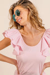 Shop Wide Layered Ruffle Sleeve Scoop Neck Ribbed Top-Stay cute and comfortable in our Pink Ruffle Cap Sleeve T-Shirt. Soft stretch fabric, romantic ruffle sleeves, and a flattering fit make it a must-have essential-Reef Love Boho-Chic Boutique