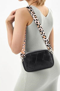 Woven light brown faux leather crossbody women’s bag with removable fabric strap with animal print