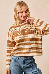 BiBi Striped Open Knit Sweater Top with Front Braided Detail-Trendsi-Reef Love