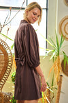 Half-Sleeve Belted Mini Shirt Dress-Chic half sleeve belted mini shirt dress with button-down front and balloon sleeves. Lightweight linen-viscose blend, perfect for warm-weather style.-Reef Love Boho-Chic Boutique