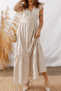 Stripe Flutter Sleeve Buttoned V-Neck Maxi Dress-JUNIPER BLVD-Reef Love