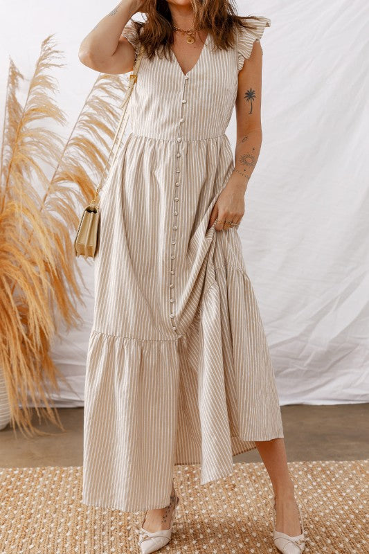 Stripe Flutter Sleeve Buttoned V-Neck Maxi Dress-JUNIPER BLVD-Reef Love