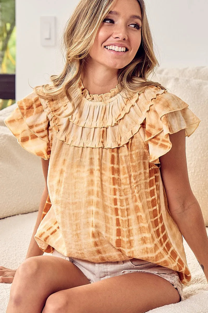 Tiered Ruffle Neck Tie Dye Top-Reef Love