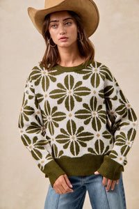 BiBi Flower Pattern Long Sleeve Sweater-Reef Love Boutique