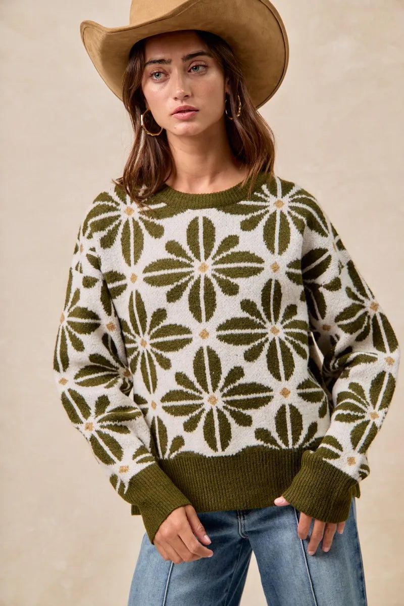 BiBi Flower Pattern Long Sleeve Sweater-Reef Love Boutique