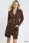 Button-Down Longline Sweater Cardigan with Front Pockets, Brown