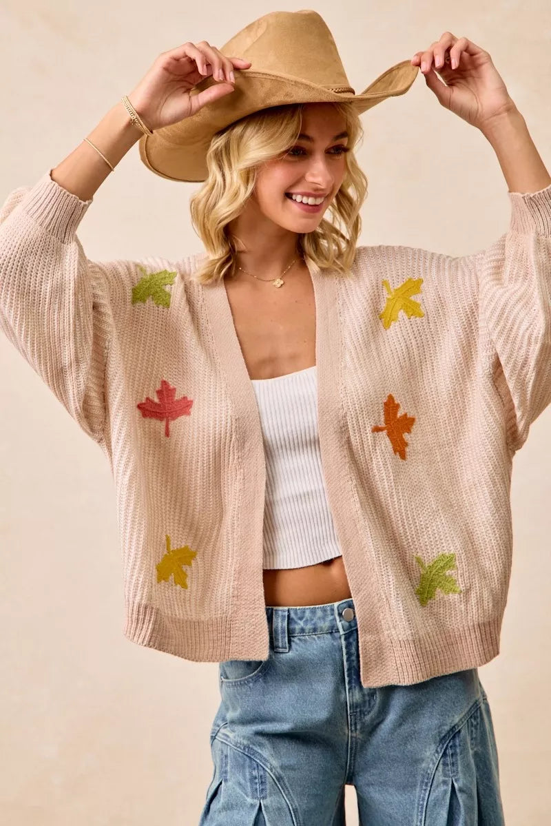 Two Tone Knit Cardigan with Leaf Patches-BiBi-Reef Love