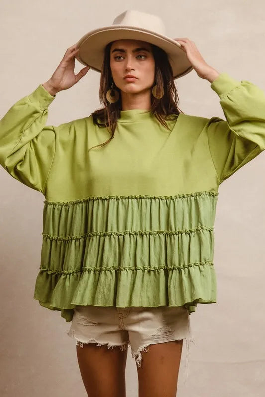 French Terry and Woven Mixed Tiered Tunic-Stay cozy and chic in our light olive French terry and woven mixed tiered tunic. With a flowy and soft texture, for everyday layering and effortless style.-Reef Love Boutique