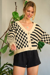 Contrast Checker & Stripes Sweater Cardigan-Jade By Jane-Reef Love