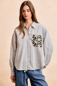 Flower Jacquard Knit Patch Pocket Stripe Shirt-BiBi-Reef Love