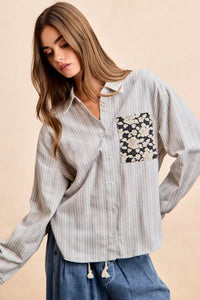Flower Jacquard Knit Patch Pocket Stripe Shirt-BiBi-Reef Love