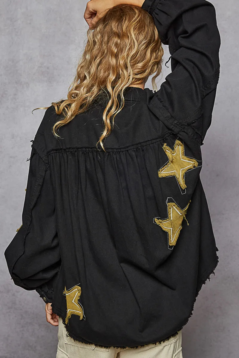 Shop POL Star Patch Raw Hem Button Up Denim Jacket-available at Reef Love online boho-chic boutique