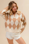 Shop Diamond Pattern Collared Notch Neck Sweater-Chic and cozy, the Diamond Pattern Collared Notch Neck Sweater, classic argyle design, soft knit fabric, timeless polo collar. Effortless everyday elegance.-Reef Love Boho-Chic Boutique