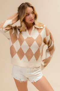 Shop Diamond Pattern Collared Notch Neck Sweater-Chic and cozy, the Diamond Pattern Collared Notch Neck Sweater, classic argyle design, soft knit fabric, timeless polo collar. Effortless everyday elegance.-Reef Love Boho-Chic Boutique