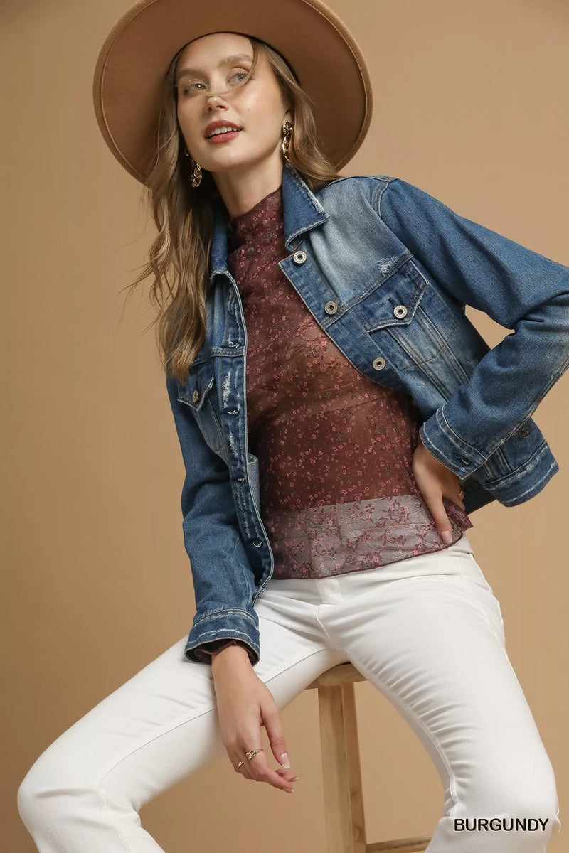 Burgundy Nylon Lace Mesh Long Sleeve Top