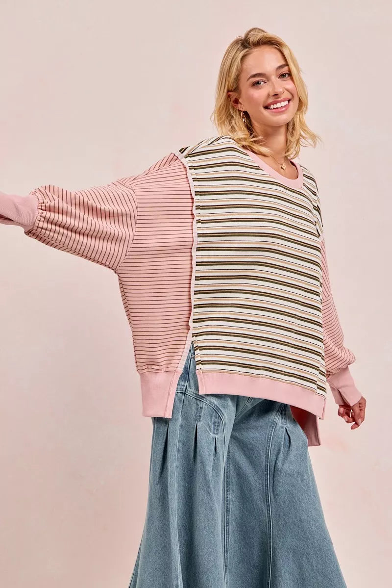 Stripe Mixed Top With Cut Edge And Reverse Outseam