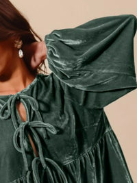 Emerald Front Tie Velvet Holiday Blouse