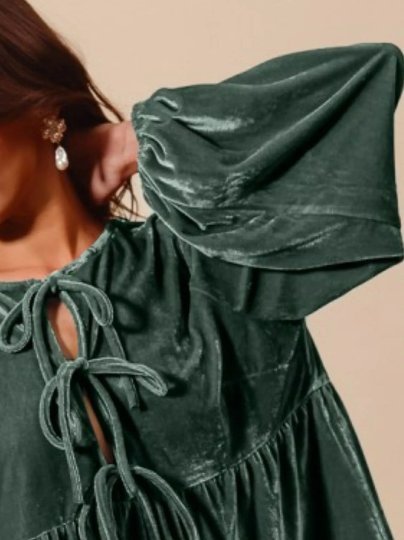 Emerald Front Tie Velvet Holiday Blouse