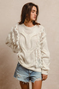 Faux Fur Detailed Pointelle Cable Knit Sweater-Reef Love