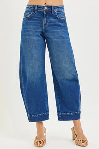RISEN Mid Rise Crop Barrel Jeans, Dark Wash-RISEN-Reef Love