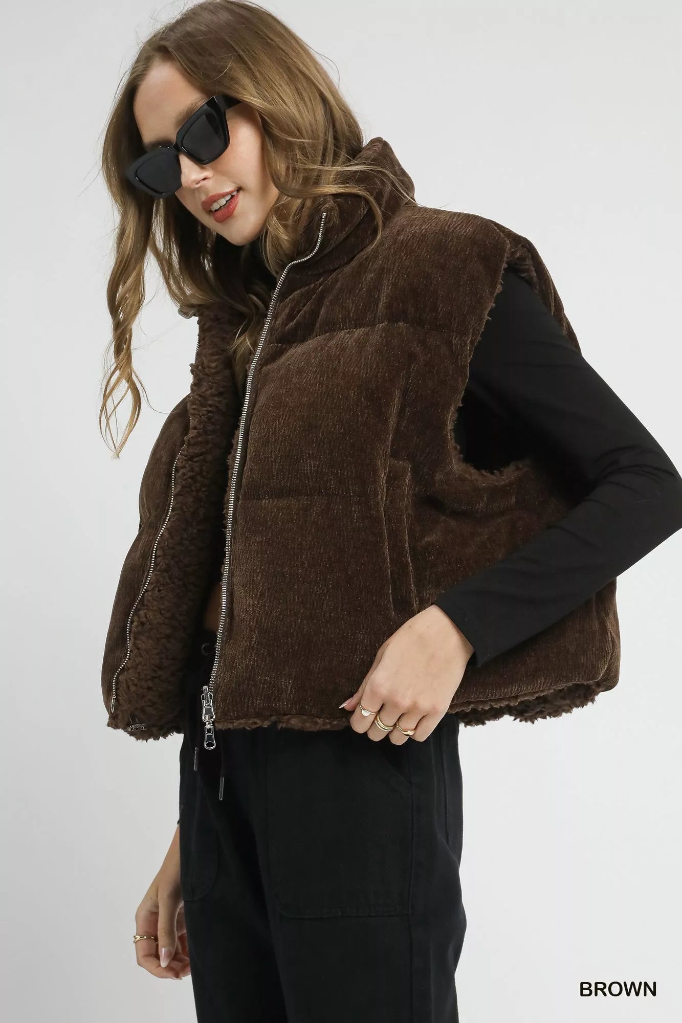 Sherpa-Lined Zip Vest with Drawstring Hem